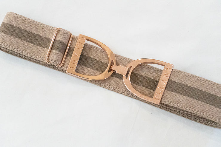 Taupe Stripes - 1.5" Rose Gold Stirrup Elastic Belt